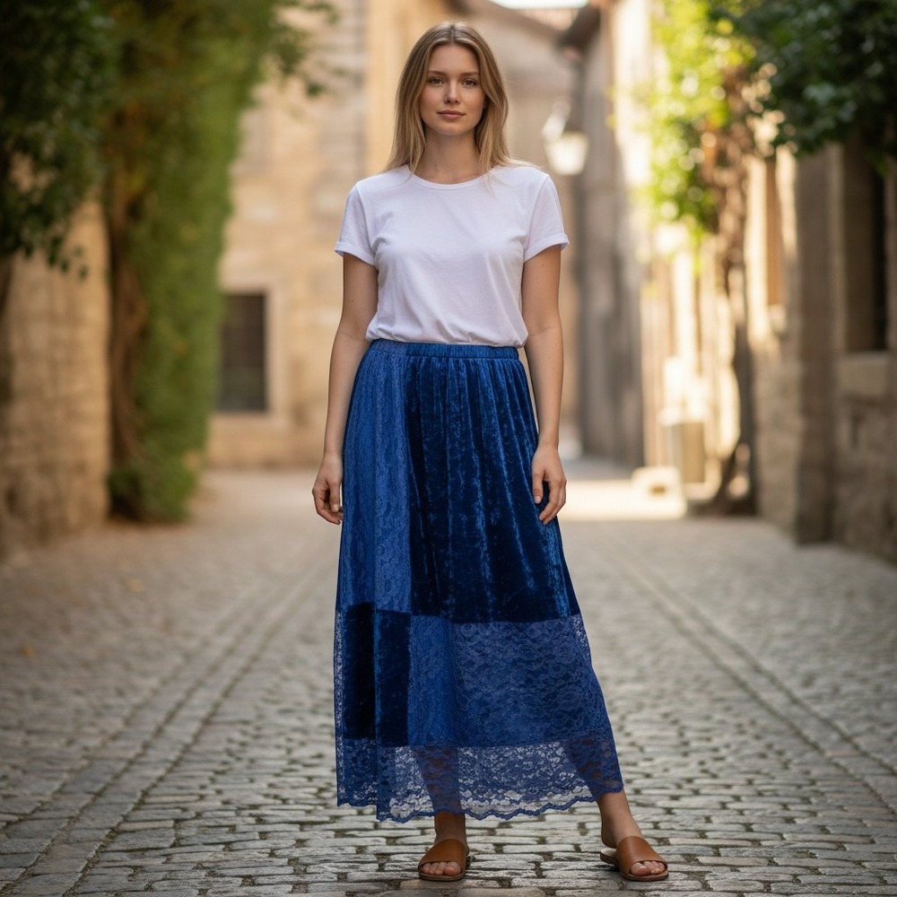 Banner Industries Royal Blue Crushed Velvet Lace Patchwork Gothic Maxi Skirt XL